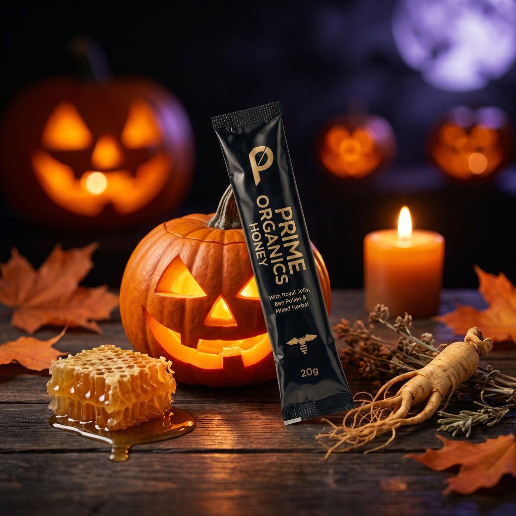 A Prime Organics Honey sachet against a glowing jack-o'-lantern with honeycomb and ginseng root