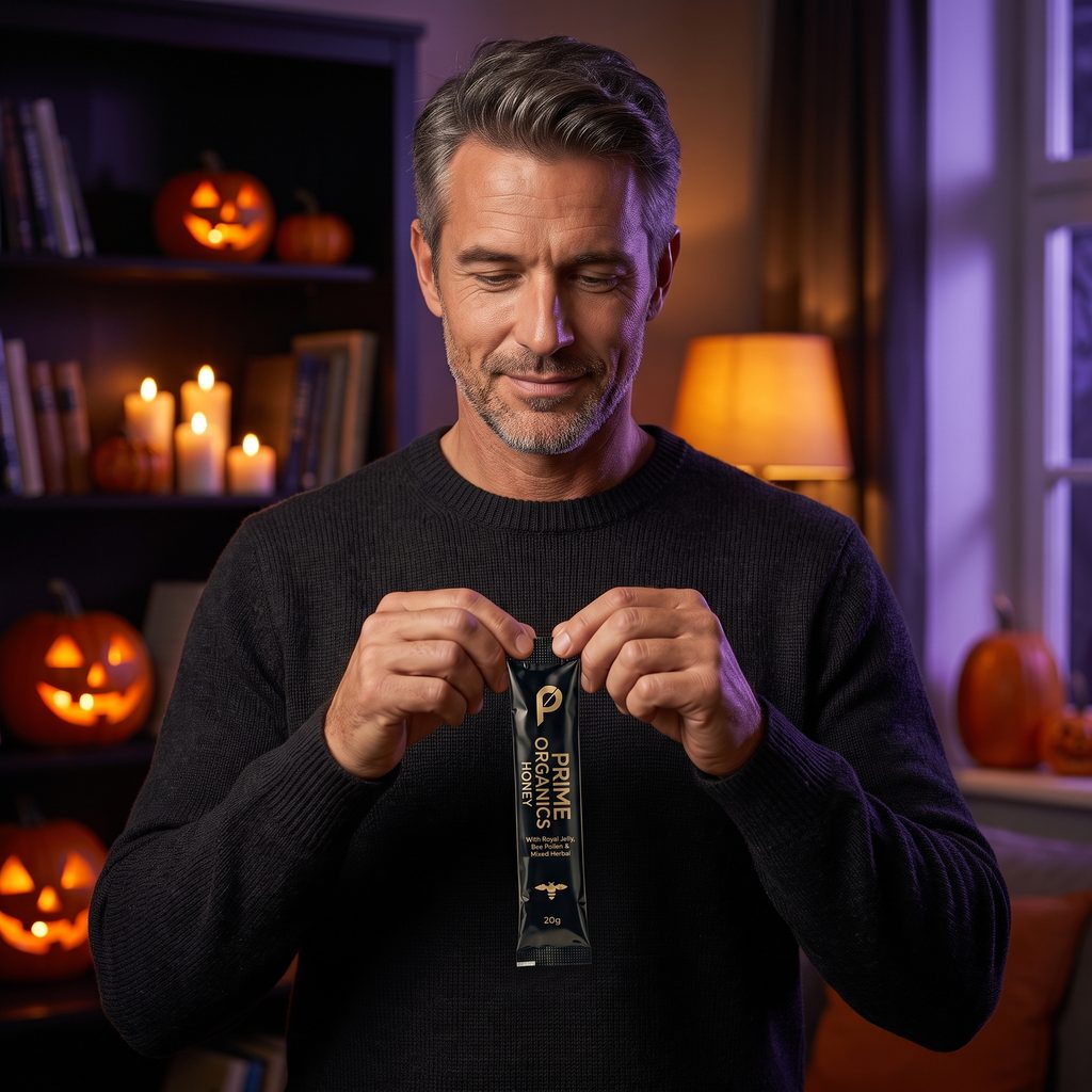 Man opening a Prime Organics Honey sachet at home on Halloween night
