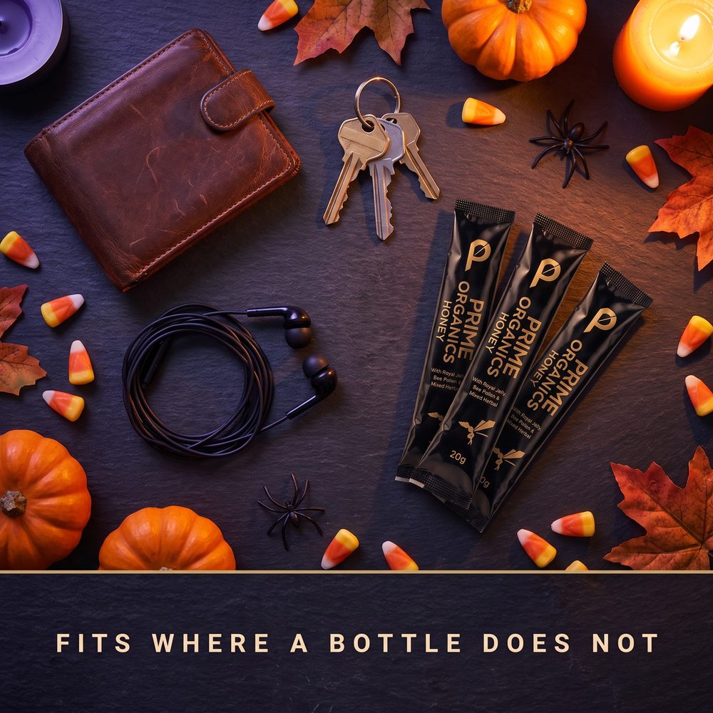Fits where a bottle does not: sachets next to a wallet, keys and Halloween candy
