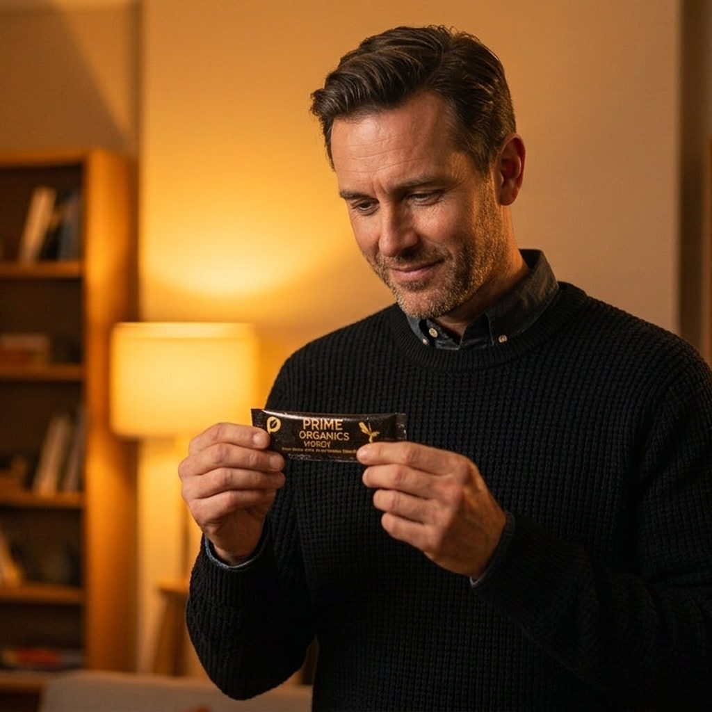 One honey sachet in an open palm, a drawer of old pill bottles blurred behind