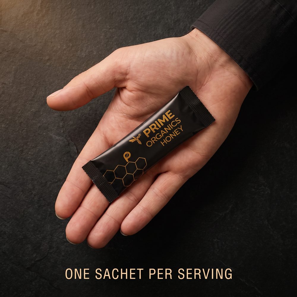 One Prime Honey sachet in an open hand