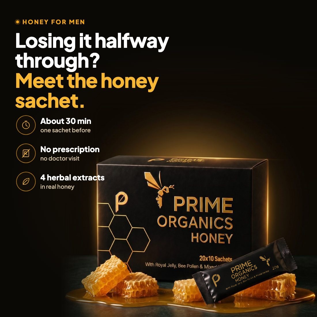 Prime Organics Honey box of 10 sachets with honeycomb