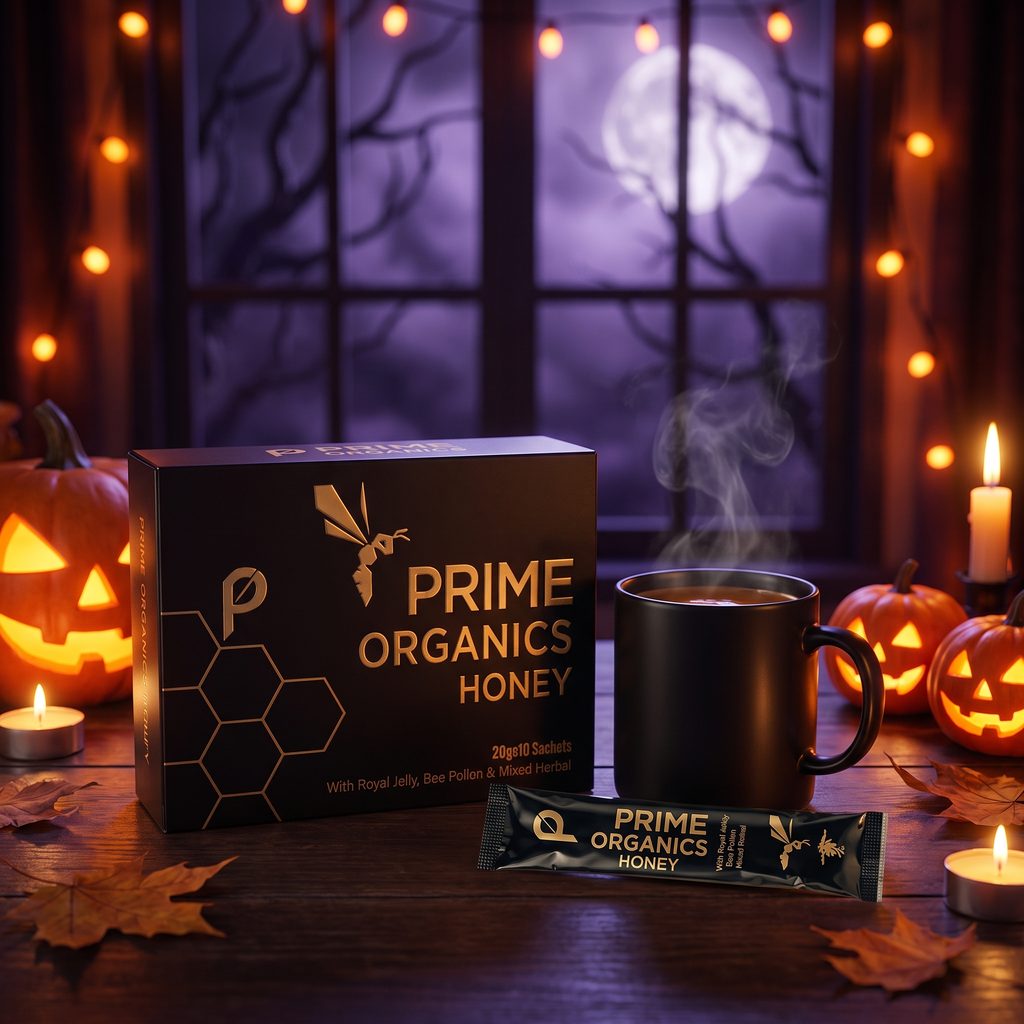 Prime Organics Honey box, a sachet and a mug of tea on a Halloween night table