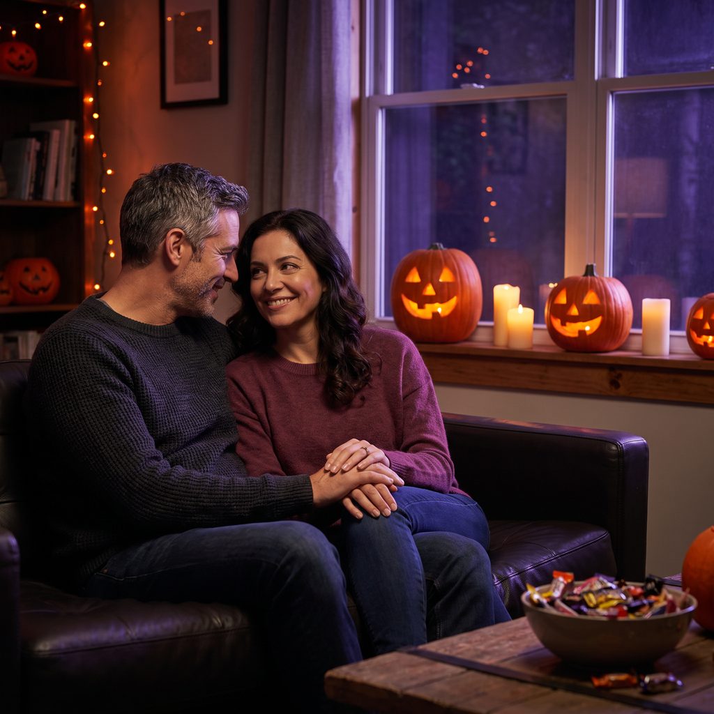 A couple close on the sofa on Halloween night