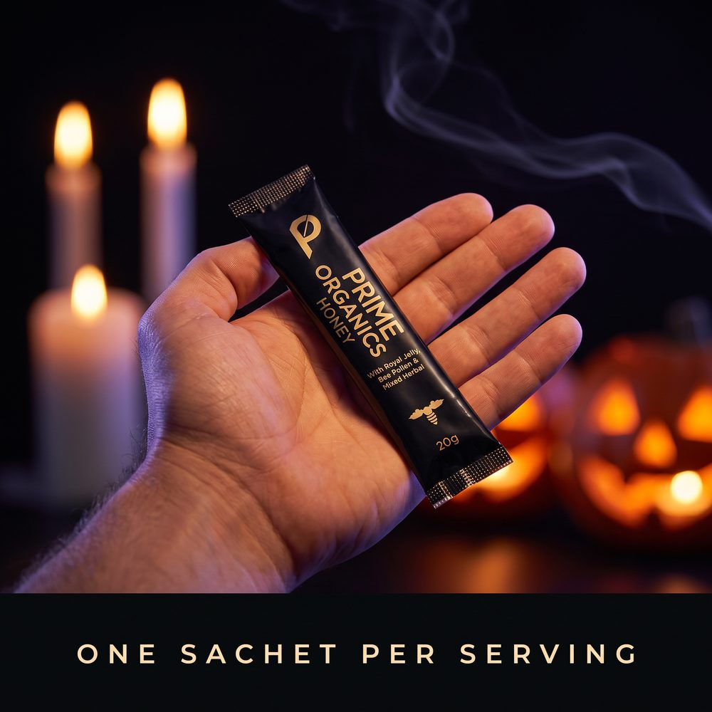 One Prime Honey sachet in an open hand on Halloween night