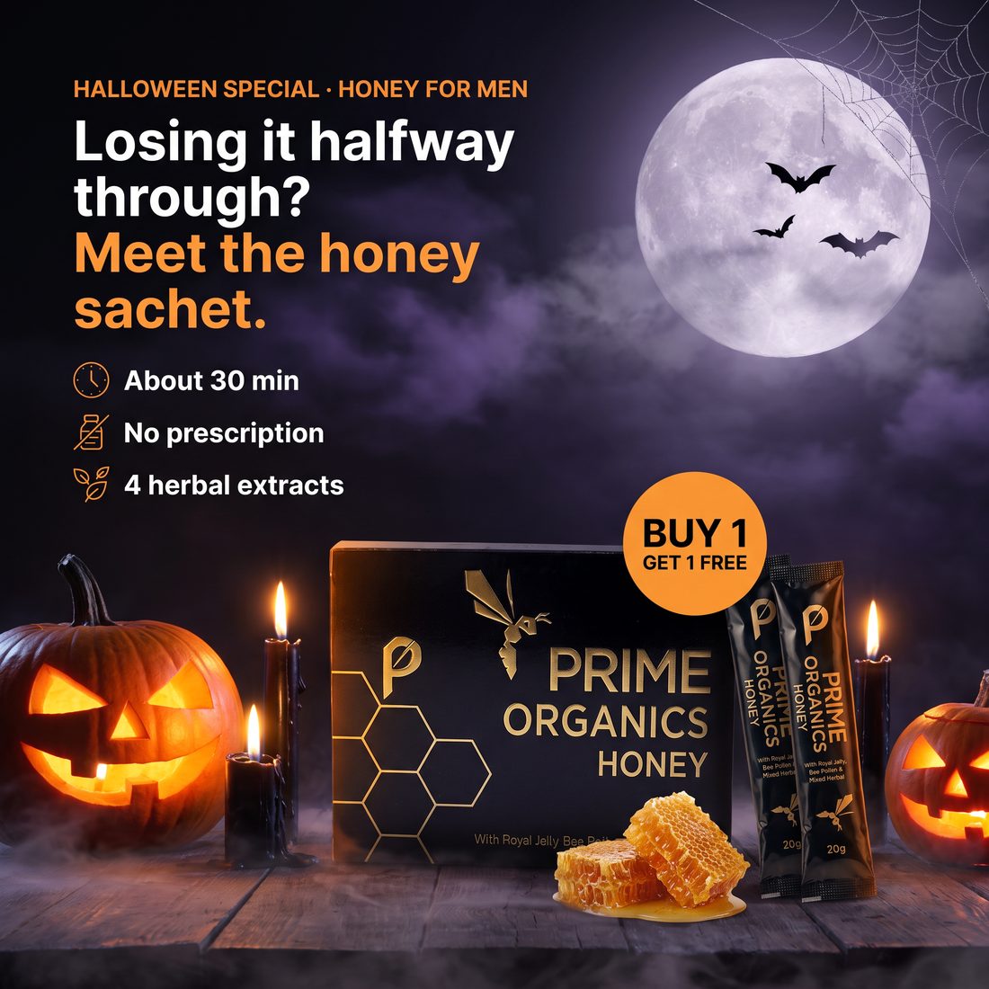 Halloween special: Prime Organics Honey box and sachets with jack-o'-lanterns, buy 1 get 1 free
