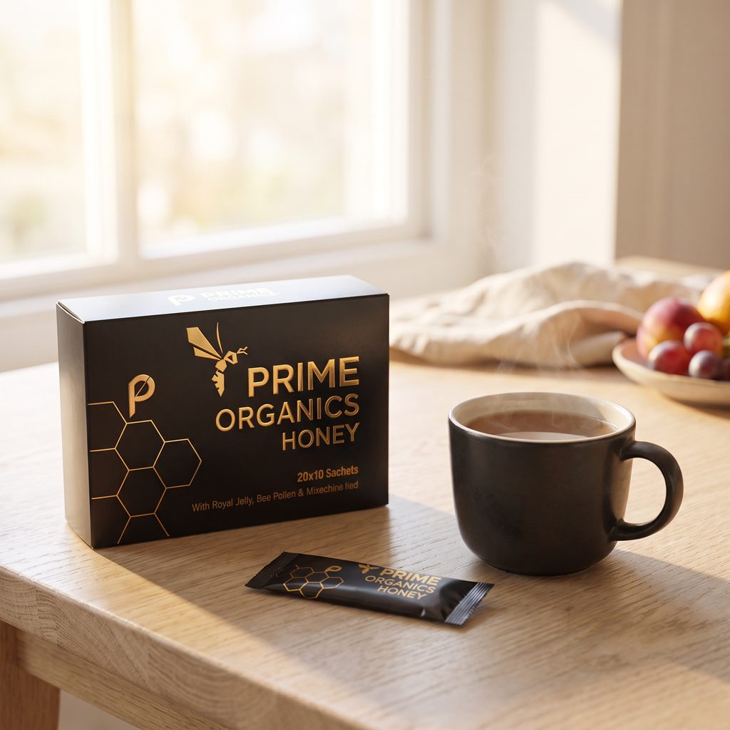 Prime Organics Honey box and sachets in front of their opened delivery box