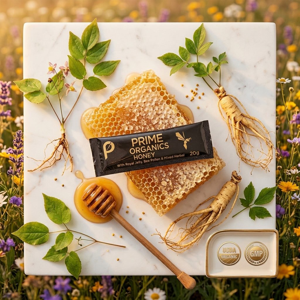 Hand holding a Prime Organics Honey sachet to read the Supplement Facts on the box