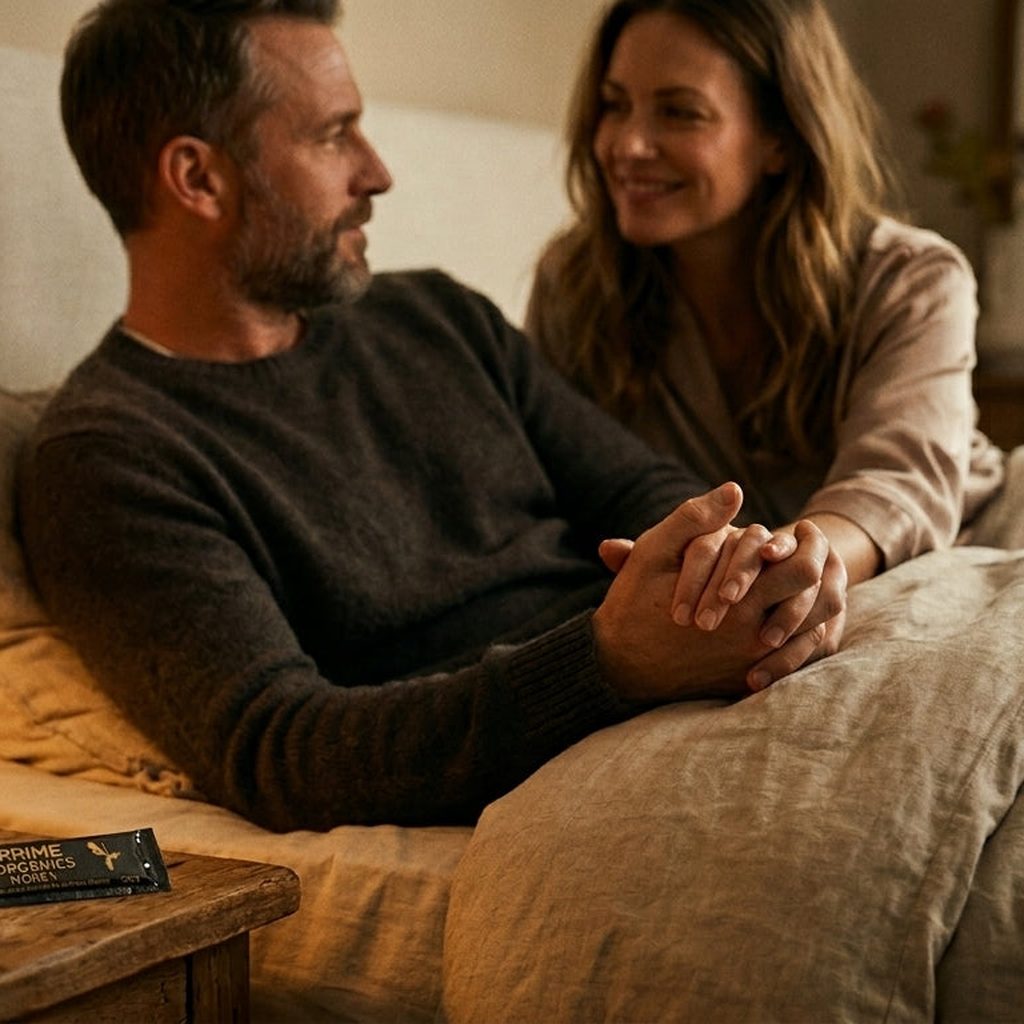 Couple holding hands on the bed, relaxed
