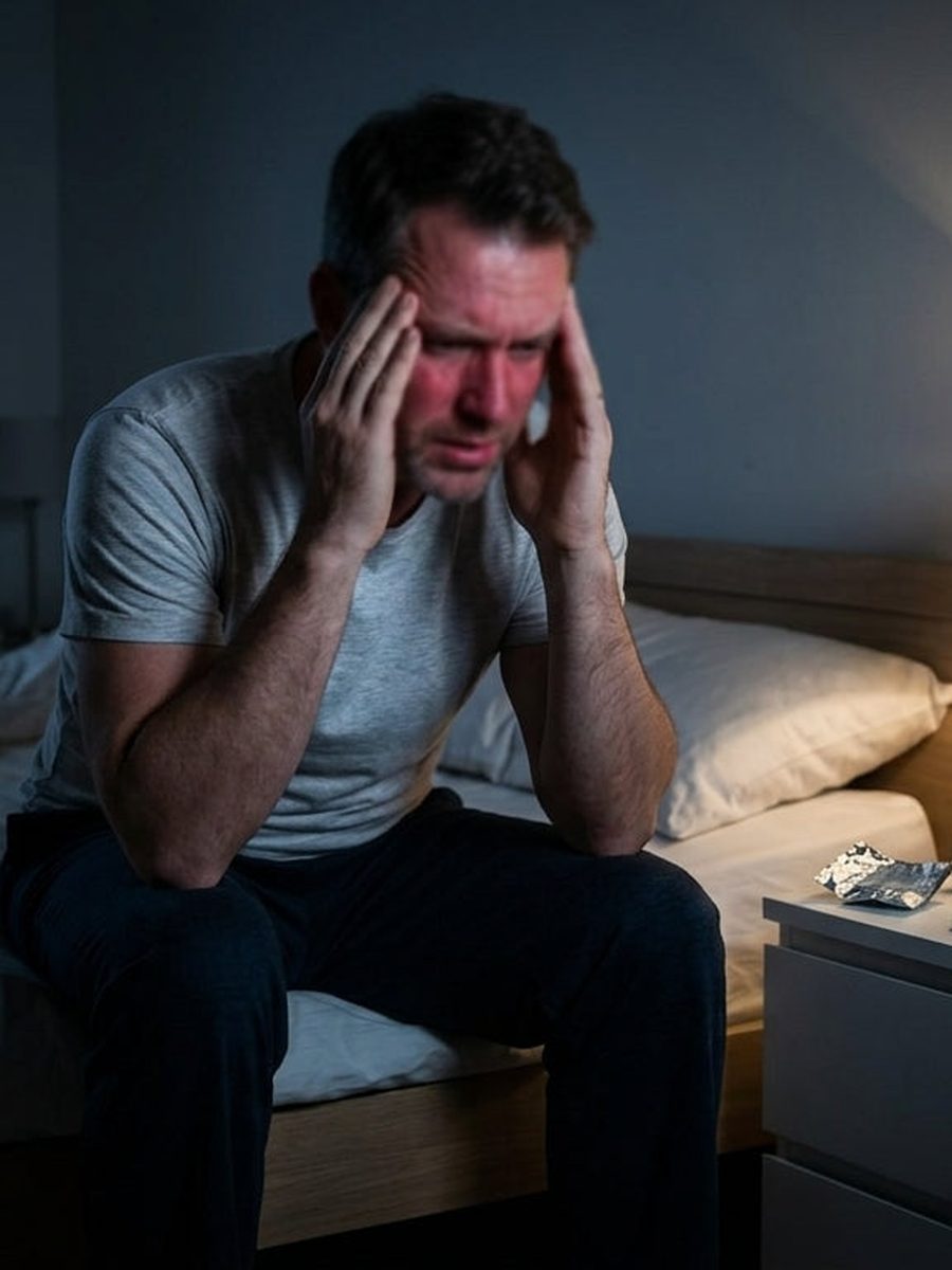 Man worried in the bedroom at night