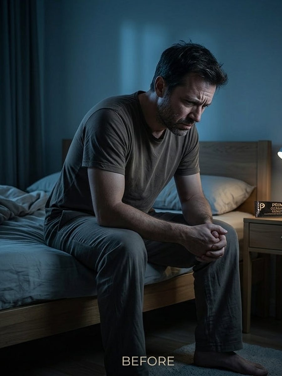 Man worried in the bedroom at night