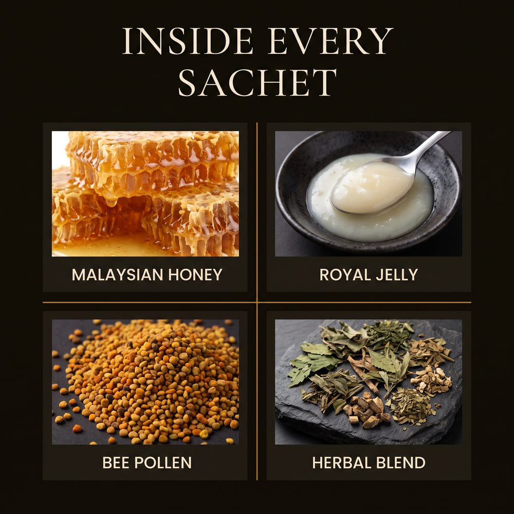 Inside every sachet: honey, royal jelly, bee pollen, herbal blend