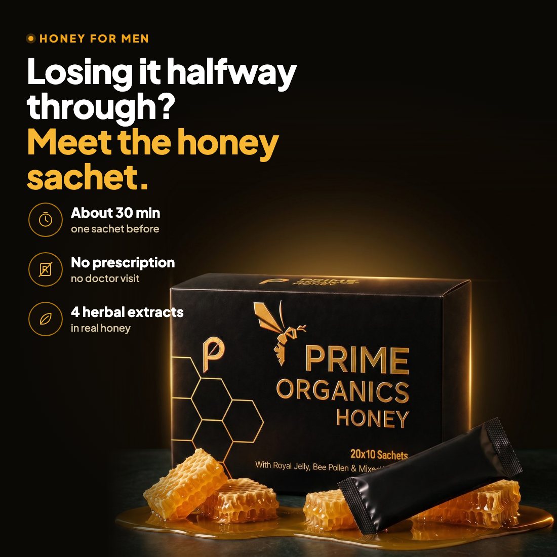 Prime Organics Honey box of 10 sachets with honeycomb