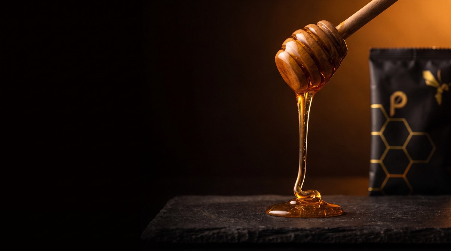 Golden raw honey dripping