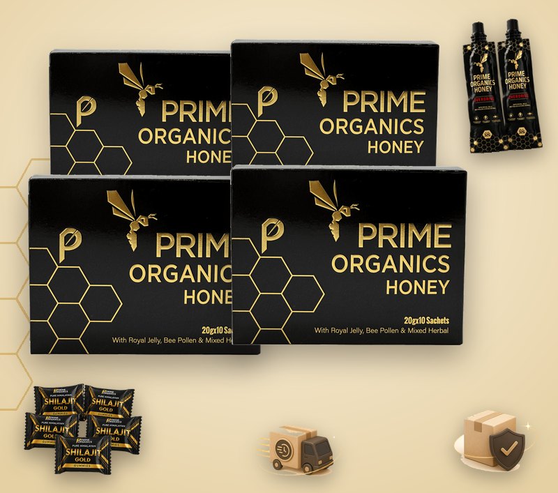 Four boxes of Prime Organics Honey with the 4 free gifts