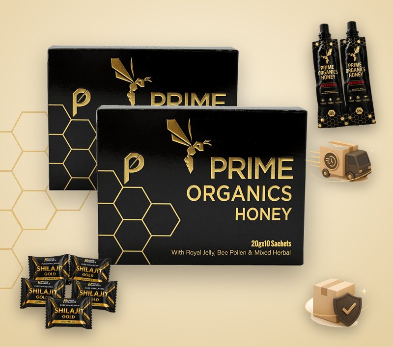 Two boxes of Prime Organics Honey with the free Honey Overdrive tubes, Shilajit gummies and shipping gifts
