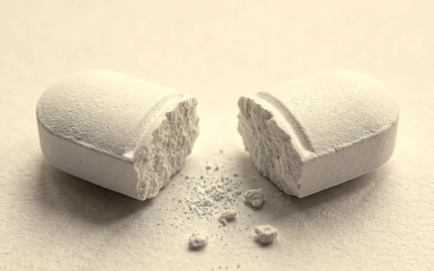 A pressed tablet snapped into two halves, with powder where it broke